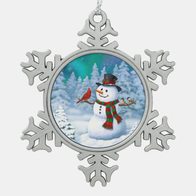 Frohe Weihnachtsschneemann & Birds Winterlandschaf Schneeflocken Zinn-Ornament (Vorderseite)