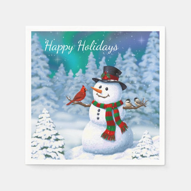 Frohe Weihnachtsschneemann & Birds Winterlandschaf Serviette (Vorderseite)