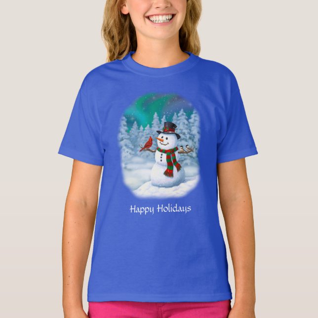Frohe Weihnachtsschneemann & Birds Winterlandschaf T-Shirt (Vorderseite)