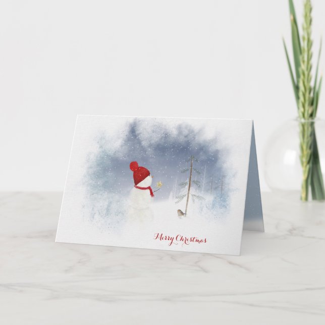 Frohe Weihnachtsschneemann mit Sternschmuck Feiertagskarte (Vorderseite)