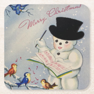 Frohe Weihnachtsschneemann mit Vögeln Rechteckiger Pappuntersetzer
