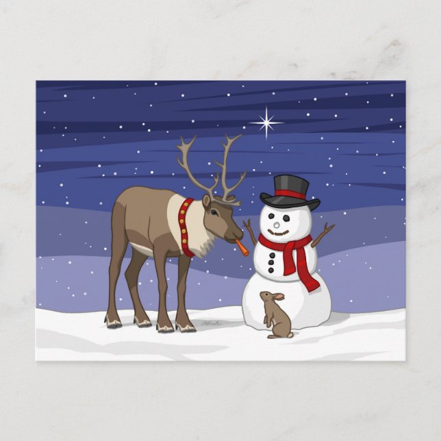 Frohe Weihnachtsschneemann & Niedliche Rentier Pos Postkarte (Vorderseite)