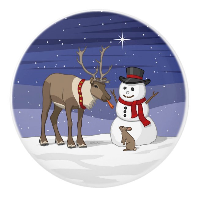 Frohe Weihnachtsschneemann & Niedliche Rentiere Keramikknauf (Vorderseite)