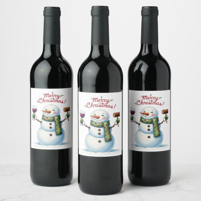 Frohe Weihnachtsschneemännchen trinken Weinetikett (Flaschen)