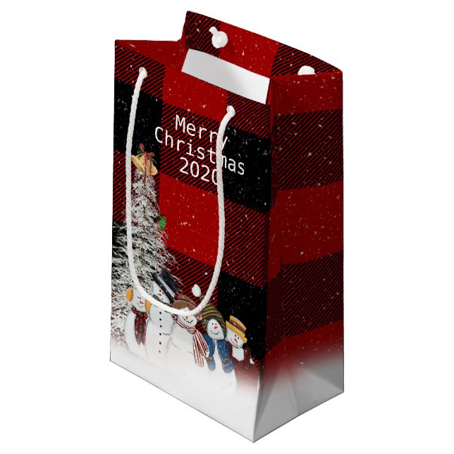 Frohe Weihnachtsschneemänner auf kariert Kleine Geschenktüte (Vorderseite Schrägansicht)