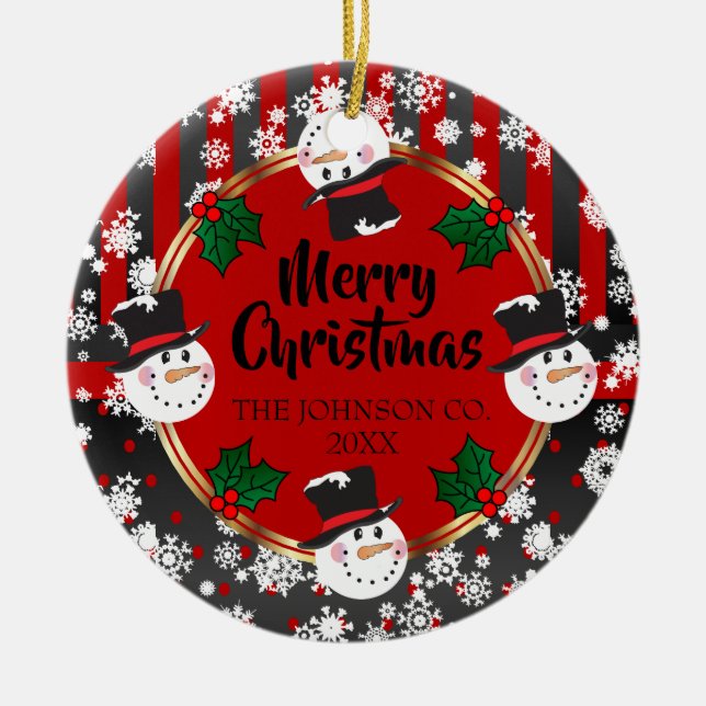 Frohe Weihnachtsschneemänner Keramik Ornament (Vorne)