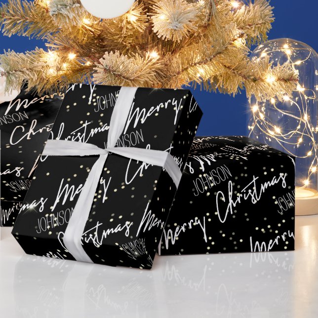 Frohe Weihnachtsschrift aus Name Schwarz-weiß Gold Geschenkpapier (Feiertage)