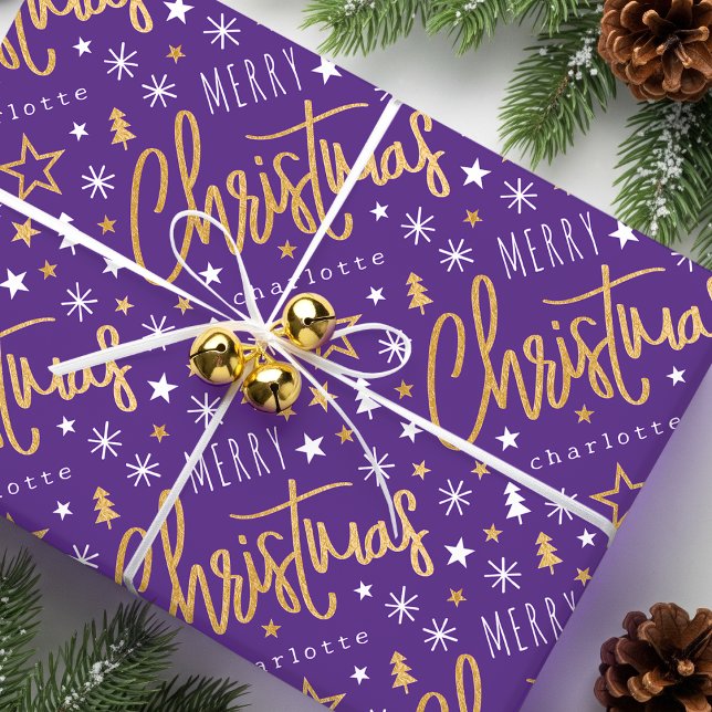 Frohe Weihnachtsschrift Custom Lila Imitats Gold Geschenkpapier (Von Creator hochgeladen)
