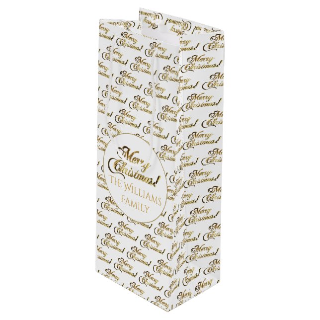 Frohe Weihnachtsschrift Elegant White und Gold Geschenktüte Für Weinflaschen (Vorderseite Schrägansicht)