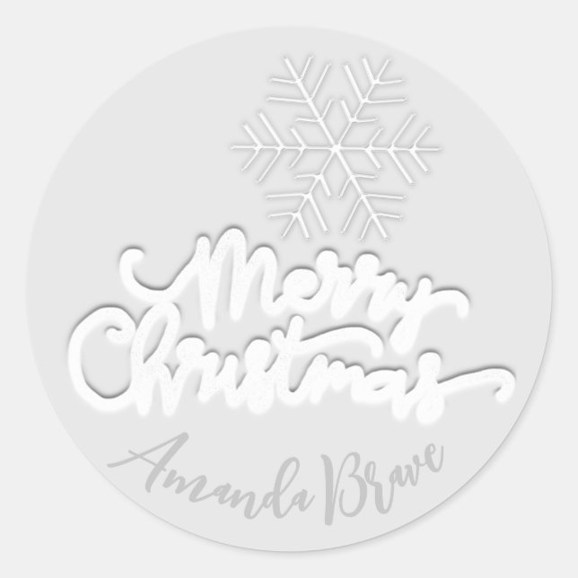Frohe Weihnachtsschrift Name Gray Snowflakes White Runder Aufkleber (Vorderseite)