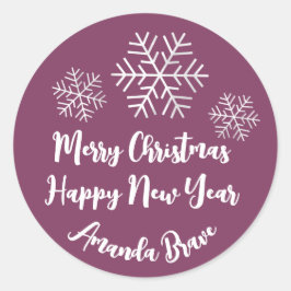 Frohe Weihnachtsschrift Name Snowflake Berry Pink Runder Aufkleber