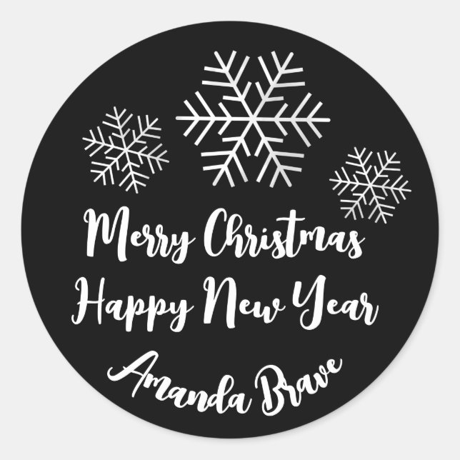 Frohe Weihnachtsschrift Name Snowflake BlackWhite Runder Aufkleber (Vorderseite)