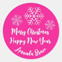 Frohe Weihnachtsschrift Name Snowflake Bright Pink Runder Aufkleber