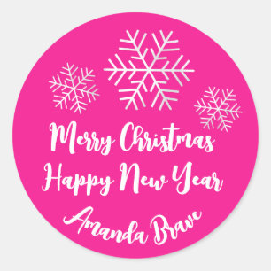 Frohe Weihnachtsschrift Name Snowflake Bright Pink Runder Aufkleber