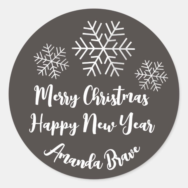 Frohe Weihnachtsschrift Name Snowflake Gray Black Runder Aufkleber (Vorderseite)