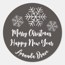 Frohe Weihnachtsschrift Name Snowflake Gray Black Runder Aufkleber