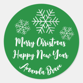Frohe Weihnachtsschrift Name Snowflake Gray Green Runder Aufkleber