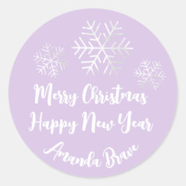 Frohe Weihnachtsschrift Name Snowflake Gray Lila Runder Aufkleber