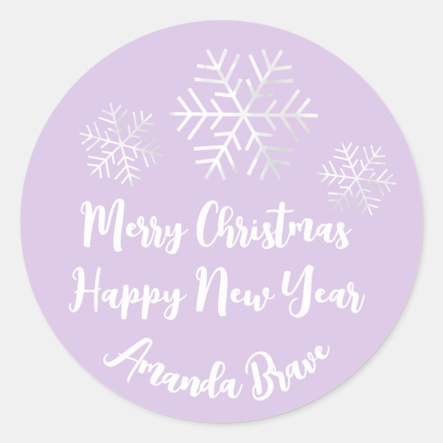 Frohe Weihnachtsschrift Name Snowflake Gray Lila Runder Aufkleber (Vorderseite)