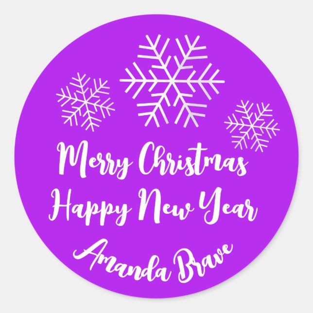 Frohe Weihnachtsschrift Name Snowflake Gray Lila Runder Aufkleber (Vorderseite)