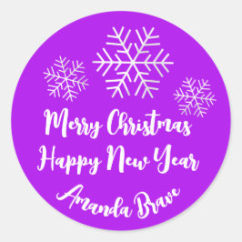 Frohe Weihnachtsschrift Name Snowflake Gray Lila Runder Aufkleber