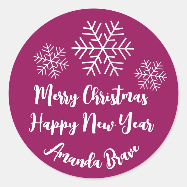 Frohe Weihnachtsschrift Name Snowflake Gray Pink Runder Aufkleber (Vorderseite)