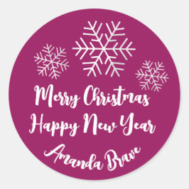Frohe Weihnachtsschrift Name Snowflake Gray Pink Runder Aufkleber