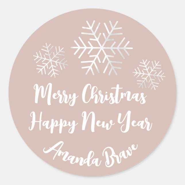 Frohe Weihnachtsschrift Name Snowflake Gray Rose Runder Aufkleber (Vorderseite)