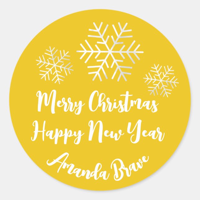 Frohe Weihnachtsschrift Name Snowflake Gray Yellow Runder Aufkleber (Vorderseite)