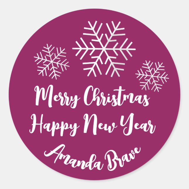 Frohe Weihnachtsschrift Name Snowflake PinkMarsala Runder Aufkleber (Vorderseite)