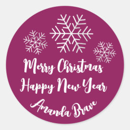 Frohe Weihnachtsschrift Name Snowflake PinkMarsala Runder Aufkleber