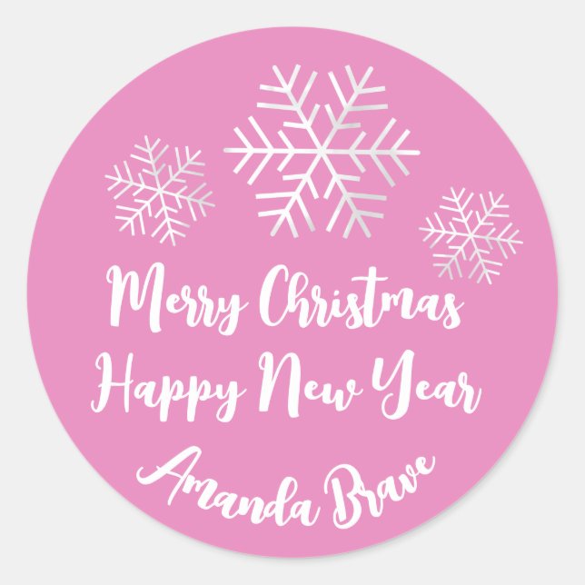 Frohe Weihnachtsschrift Name Snowflake White Pink Runder Aufkleber (Vorderseite)