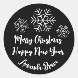 Frohe Weihnachtsschrift Name Snowflakes White Blac Runder Aufkleber