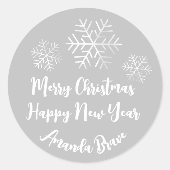 Frohe Weihnachtsschrift Name Snowflakes White Gray Runder Aufkleber (Vorderseite)