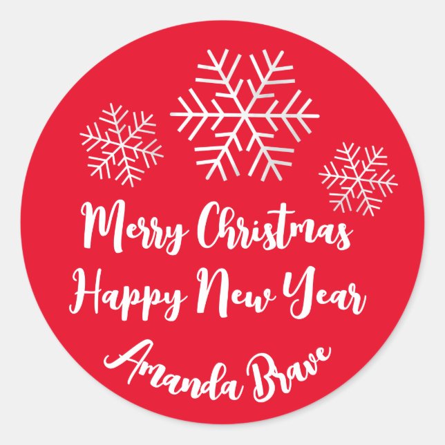 Frohe Weihnachtsschrift Name Snowflakes White Red Runder Aufkleber (Vorderseite)