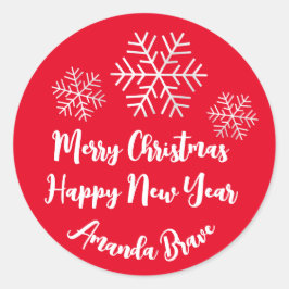 Frohe Weihnachtsschrift Name Snowflakes White Red Runder Aufkleber