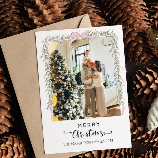 Frohe Weihnachtsschrift Pink Bow Foto Feiertagskarte (Von Creator hochgeladen)