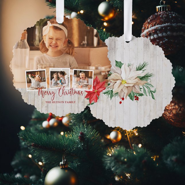 Frohe Weihnachtsschrift, Poinsettia, rustikale 4-F Ornament Karte (Von Creator hochgeladen)