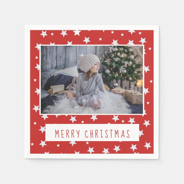 Frohe Weihnachtsschrift Red White Stars Foto Serviette (Vorderseite)