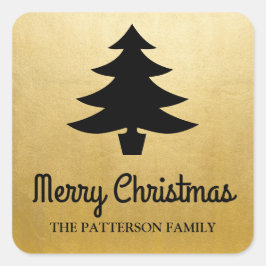 Frohe Weihnachtsschrift | Tree Imitats Goldfolie Quadratischer Aufkleber