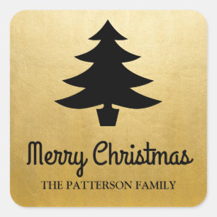 Frohe Weihnachtsschrift Tree Imitats Goldfolie Quadratischer Aufkleber