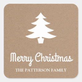 Frohe Weihnachtsschrift | Tree Rustic Kraft Paper Quadratischer Aufkleber