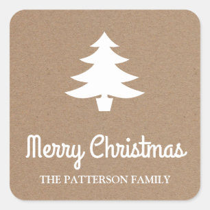 Frohe Weihnachtsschrift Tree Rustic Kraft Paper Quadratischer Aufkleber