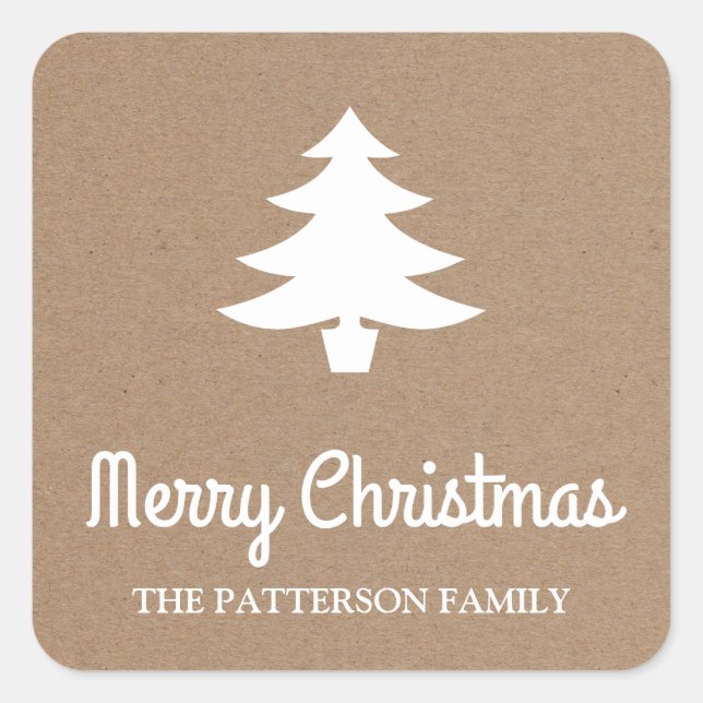 Frohe Weihnachtsschrift | Tree Rustic Kraft Paper Quadratischer Aufkleber (Vorderseite)