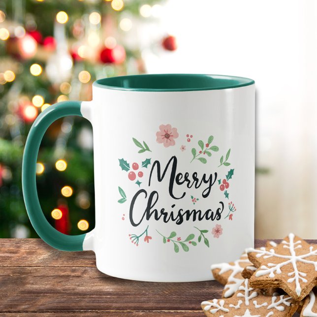 Frohe Weihnachtsschrift Watercolor Floral Tasse (Von Creator hochgeladen)