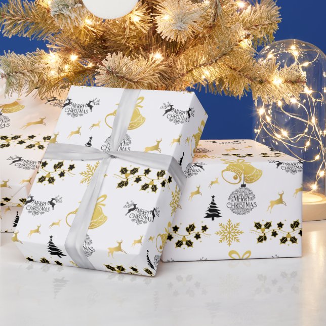 Frohe Weihnachtsschwarz, Gold mit Rentier, Bell WH Geschenkpapier (Feiertage)