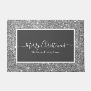 Frohe Weihnachtssilber Glitzer Graue Familienname Fußmatte