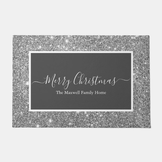 Frohe Weihnachtssilber Glitzer Graue Familienname  Fußmatte (Vorderseite)