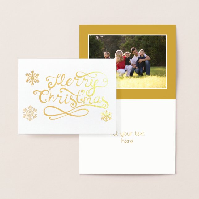 Frohe Weihnachtsskripte Schneeflocken Foto Gold Folienkarte (Anzeige)