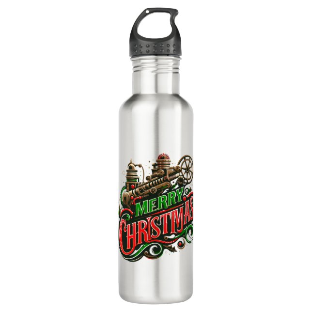 Frohe Weihnachtsstampunk Edelstahlflasche (Vorderseite)